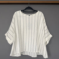 A white short-sleeve blouse with thin vertical black stripes, hanging on a black hanger against a dark gray wall.